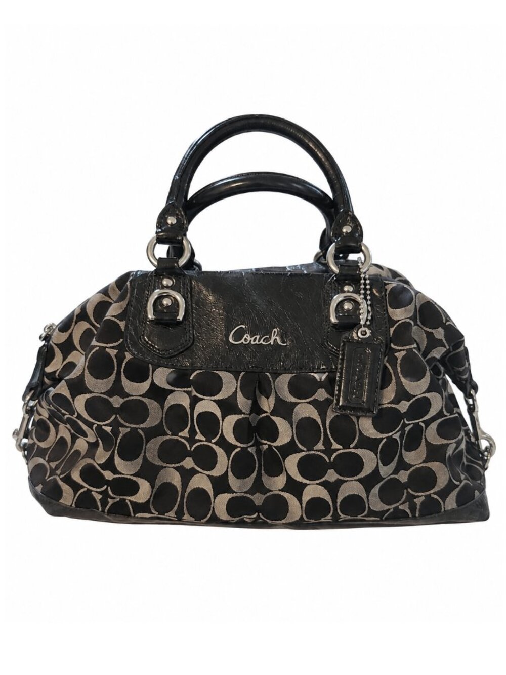 Coach Black Signature Jacquard Patent Leather Satchel Y2K
